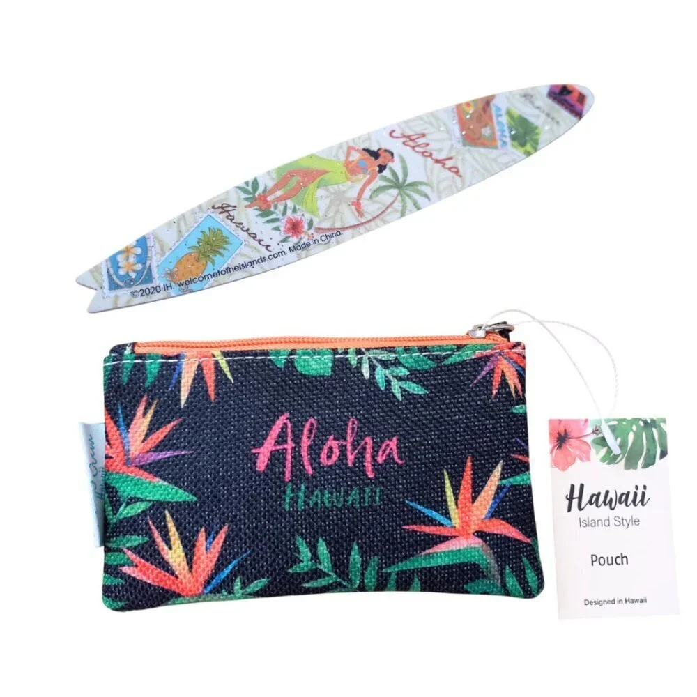Hawaiian-Inspired Black Cosmetic Pouch & Nail File Set – Orange & Green Design –